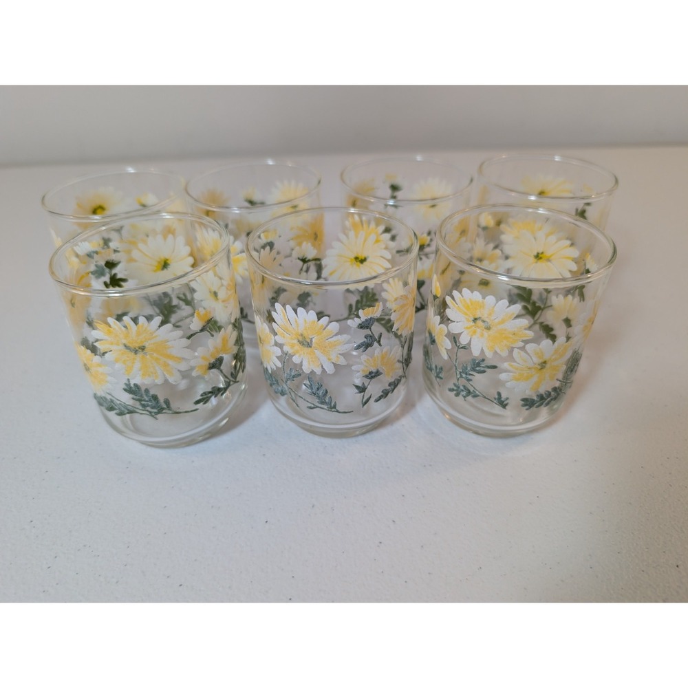 Vintage Libbey Daisy Floral 3 inch Mini Tumblers Set of 7 Flower Glasses